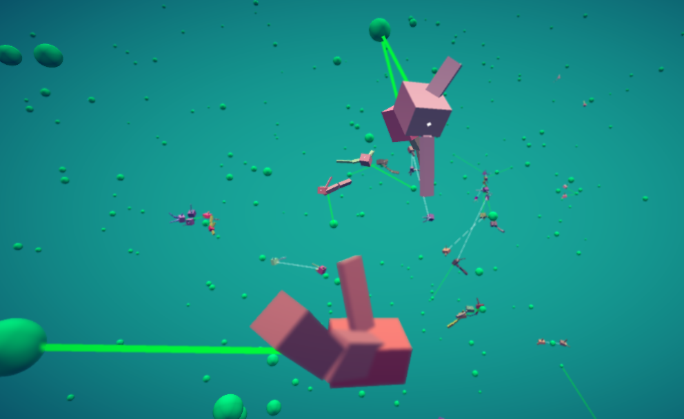 Pink block creatures in teal water, with green lines from their mouths to the foodbits they are chasing.
