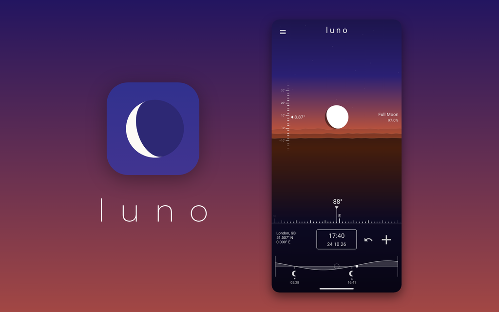 The Luno logo, a crescent moon on an indigo app icon, above the word luno, next to the app at dusk in London: a nearly full moon rising above the hills under a purple sky with an orange glow at the horizon.