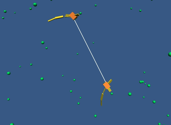 Two orange creatures with long yellow limbs, joined by a white mate line, swim together and mate, and a child appears beside them.