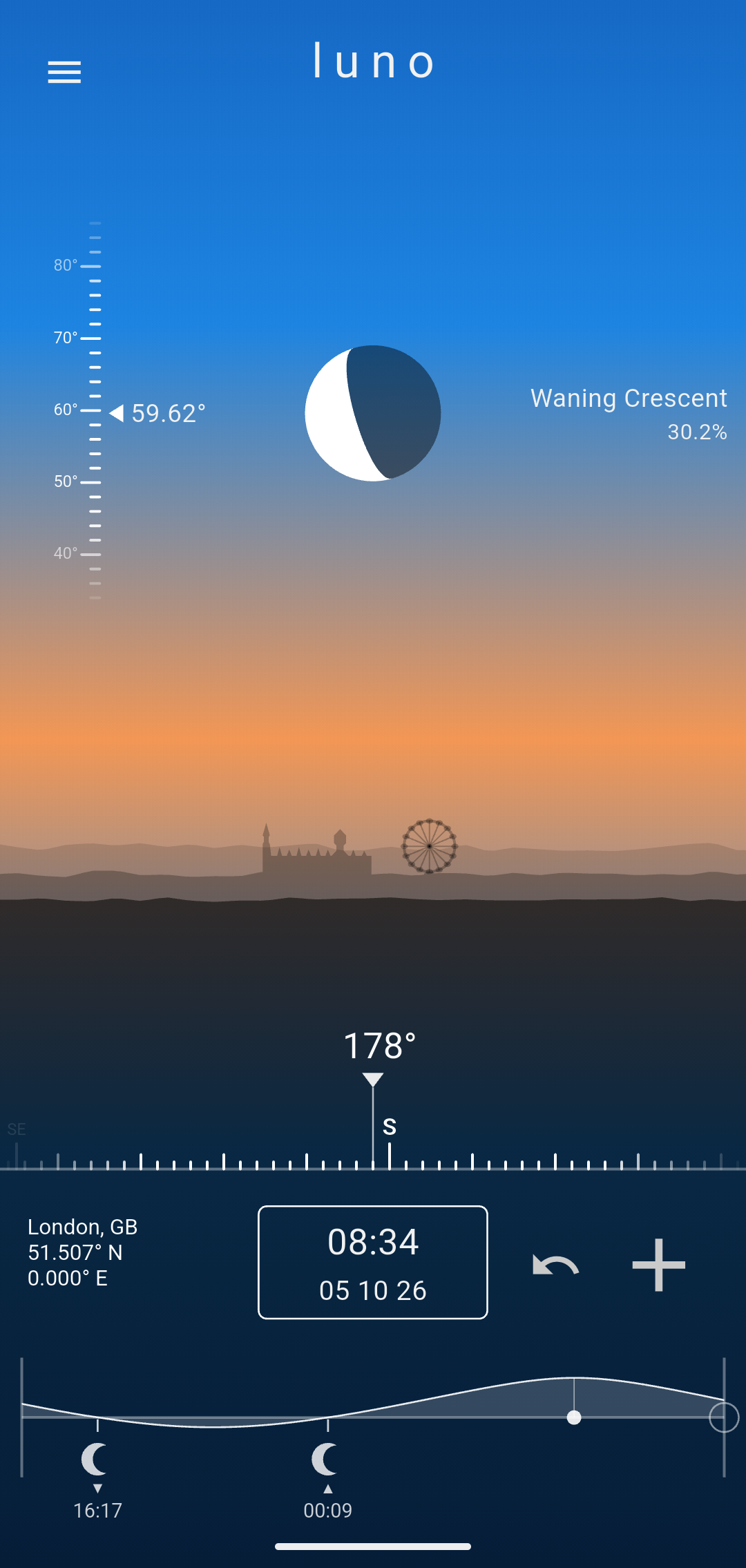 Luno at 08:34 in London. A waning crescent, 30.2% lit, stands 59.62° up in a blue morning sky, due south above the silhouettes of the Houses of Parliament and the London Eye.